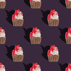 Seamless pattern big cupcakes silhouettes, muffin sweet white cake on deep purple background painted gouache. Texture with sweets for desktop wallpaper or culinary blog website. junk food concept