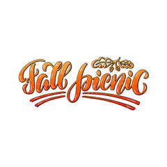 Illustration of fall picnic lettering for banner, advertisement, poster, invitation, web design or print. Handwritten text with red, orange and yellow gradient and texture on white background
