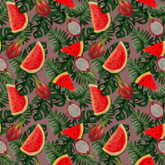 Modern seamless pattern with dragon fruit, watermelon, tropical leaves on a beige background Summer vibes. Hand painted botanical illustration for textiles, packaging, fabrics