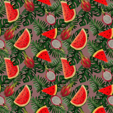 Modern seamless pattern with dragon fruit, watermelon, tropical leaves on a beige background Summer vibes. Hand painted botanical illustration for textiles, packaging, fabrics