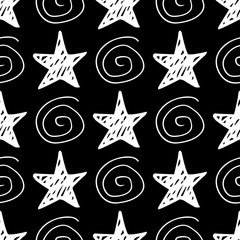 Seamless star pattern. Hand-drawn stars and spirals