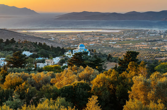 Pastoral view in golden hours on the coast of the island  Kos, the Aegean Sea, the Greek islands of Kalimnos and Pserimos. Greece