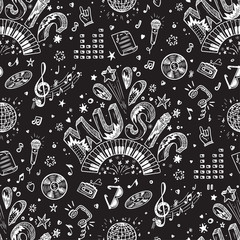 Vector Music background. Seamless pattern with Hand drawn doodle Word Music and Musical Symbols.
