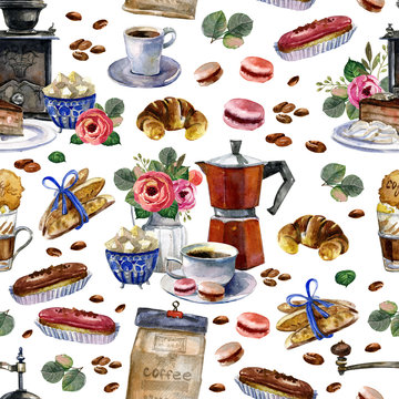 Watercolor seamless pattern with bakery elements on white background.Hand painting macaroon, Eclair,retro coffee grinders,cups,jam jar,cake,coffee maker,biscotti,rose flower,croissant.Paris breakfast.