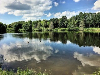 Fototapeta na wymiar A view of Alderford lake in Shropshire with reflection