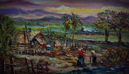 Art painting Oil color buffalo northeast Countryside in the provinces Thailand