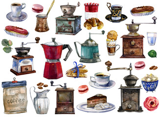 Watercolor coffee set with bakery elements on white background.Hand painting cup of coffee,retro coffee grinders,croissant, rose flower,macaroons,coffee beans, kitchen.Paris breakfast.Vintage style
