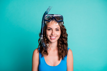 Close-up portrait of her she nice attractive pretty cheerful wavy-haired girl wearing tube diving...