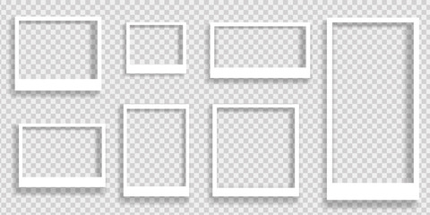 Realistic polaroid photo frames. Empty photo frame mockup with shadow. Vintage card. Vector illustration on transparent background.