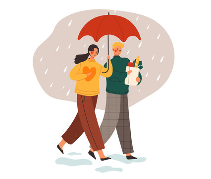 People and the weather concept with a young couple out shopping in a shower of rain holding an umbrella and groceries, colored vector illustration