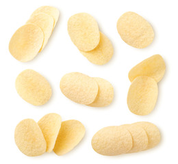 Set of potato chips on a white background, isolated. Top view