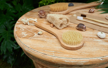 Personal care products made from natural materials: body brushes, bamboo toothbrushes, Zero waste concept..