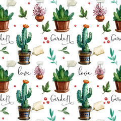 Watercolor pattern with flower pots.Love home garden.Watercolor collection with cactus,gardening design elements,flower pots,leaves. Background for card, postcard, invitations,wedding, birthday party.