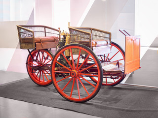 TERRASSA, SPAIN-AUGUST 9, 2020: 1890 Tricycle car by Francesc Bonet in the National Museum of Science and Technology of Catalonia
