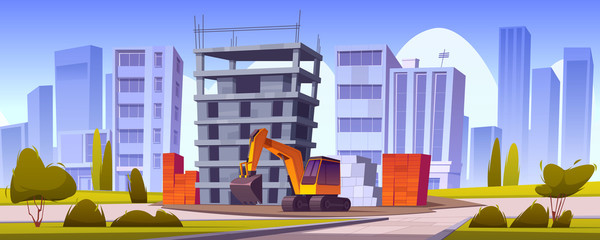 Construction site with unfinished house and excavator. Vector cartoon illustration of cityscape with building works, stacks of brick and digger. Process of house construction on town street © klyaksun
