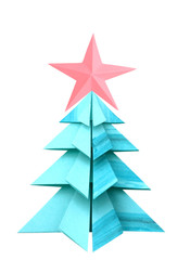 Blue Origami christmas tree with pink star decoration