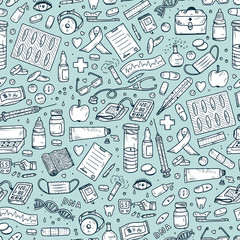 Healthcare and Medicine Vector Seamless pattern. Hand Drawn Doodle Drugs and Medical Products and Devices Background
