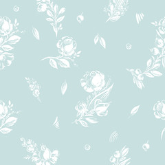 Hand drawn floral seamless pattern with bouquetes with roses, dahlia, berries