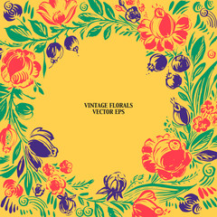 Hand drawn floral frame with roses, dahlia, poppy