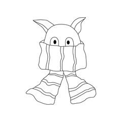 Cat in scarf vector Illustration, line art, cold weather