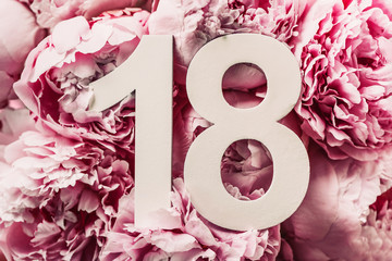 Creative layout. Peony flowers, digit eighteen. Birthday greeting card with inscription 18....