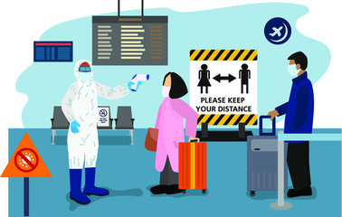 Passengers in line waiting to have their body temperature measured