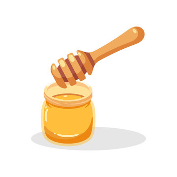 Honey pot and dipper isolated on white background, honey jar with wooden spoon vector illustration