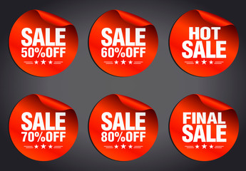 Red sale stickers set 50%, 60%, 70%, 80% off, hot sale, final sale with stars on a dark background. Vector illustration