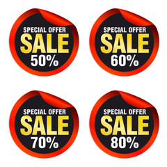 Obraz premium Red colorful sale stickers set 50%, 60%, 70%, 80% off. Vector illustration