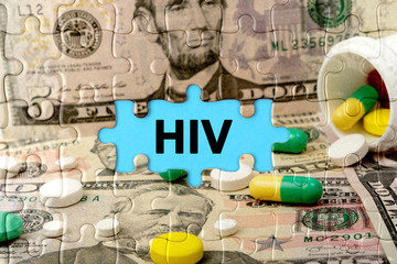 Double exposure. Puzzles depicting pills and dollars with the inscription -HIV