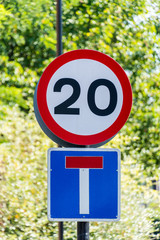 20 mph speed restriction with a dead end road symbol below