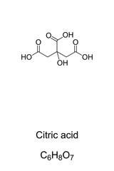 Citric acid, chemical structure and formula. Weak organic acid, naturally in citrus fruits. Intermediate in citric acid cycle. Used as acidifier, as flavoring and chelating agent. Illustration. Vector