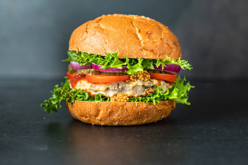 burger delicious grilled cutlet sandwich and vegetables serving size organic healthy ething natural product portion top view place for text copy space