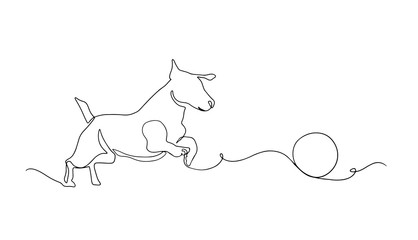 Dog drawing vector using continuous single one line art style isolated on white background. Dog playing with a ball vector illustration.One line dog design silhouette. Hound. Hand drawn minimalism
