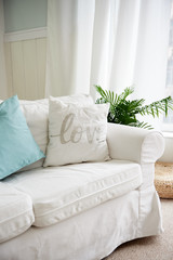 Stylish interior design with white sofa, cushions and tropical palm plant in pot, copy space. Couch decorated with pillows and houseplant at home