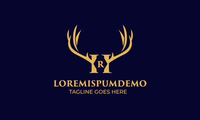 initial H and R latter with Head vector logo design wild animal with horns quality stylish luxury, modern and minimalist illustrations in line art style of a graphic sign  Linear, Horns, elk, antler