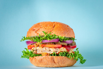 burger delicious grilled cutlet sandwich and vegetables serving size organic healthy ething natural product portion top view place for text copy space