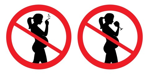 Do not drink alcohol and Smoking during pregnancy. No alcohol and Smoke for pregnant woman, prohibition sign, vector illustration