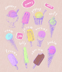 Set of hand drawn ice cream cones and popsicles