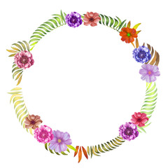 Watercolor colorful frame with tropical leaves and flowers. White background.