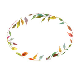 Watercolor colorful frame with autumn leaves and branches. White background.