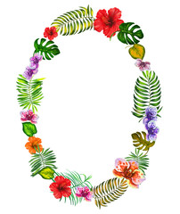 Fototapeta na wymiar Watercolor colorful oval frame with tropical leaves and flowers. White background.