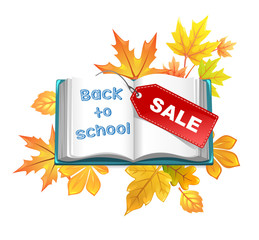 illustration back to school open book autumn leaves and label sale