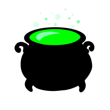 Сharacter element for Halloween: a black Witch cauldron with bubbling green liquid on a white background. Cartoon creepy design. Vector illustration.