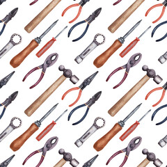 Watercolor seamless pattern with various repair tools. Pliers, hammer, saw, screwdrivers, protective gloves
