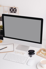 Gold desktop office details in a white background mockup