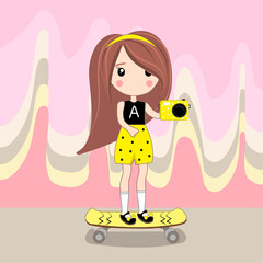 Cartoon style. Girl on a skateboard on a pink and yellow background