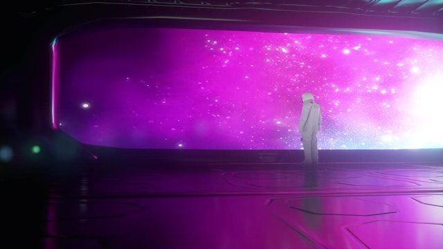 Alone astronaut in futuristic spaceship. Cinematic 4K footage
