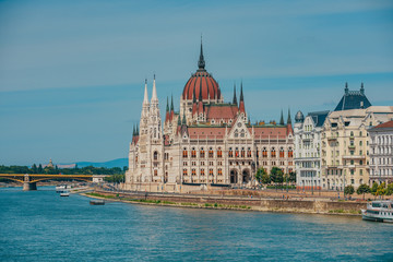 Fototapeta na wymiar Budapest, Hungary. View on Parliament building over delta of Danube river..