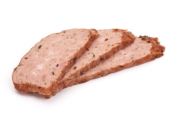 Sliced Baked meatloaf, minced meat roll, isolated on white background